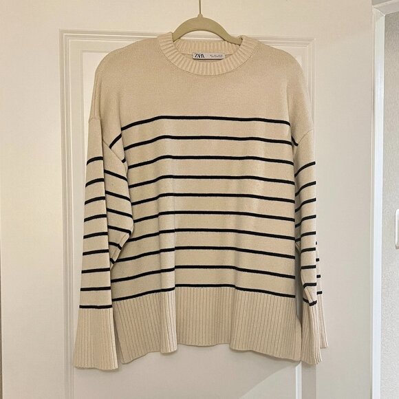Zara Cream Navy Blue Stripe Sweater - Picture 1 of 3
